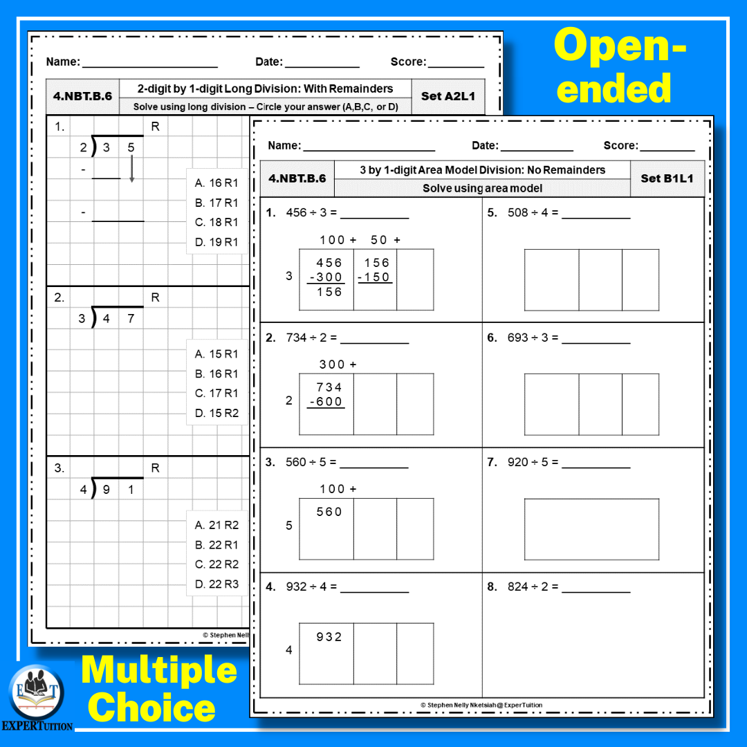 1 Digit 2 Digit Divisors Area Model Partial Quotients Long Division Worksheets Bundle Made By Teachers 2 Digit By 1 Digit Partial Quotients Division With And Without Remainders Practice Worksheets Made By Teachers