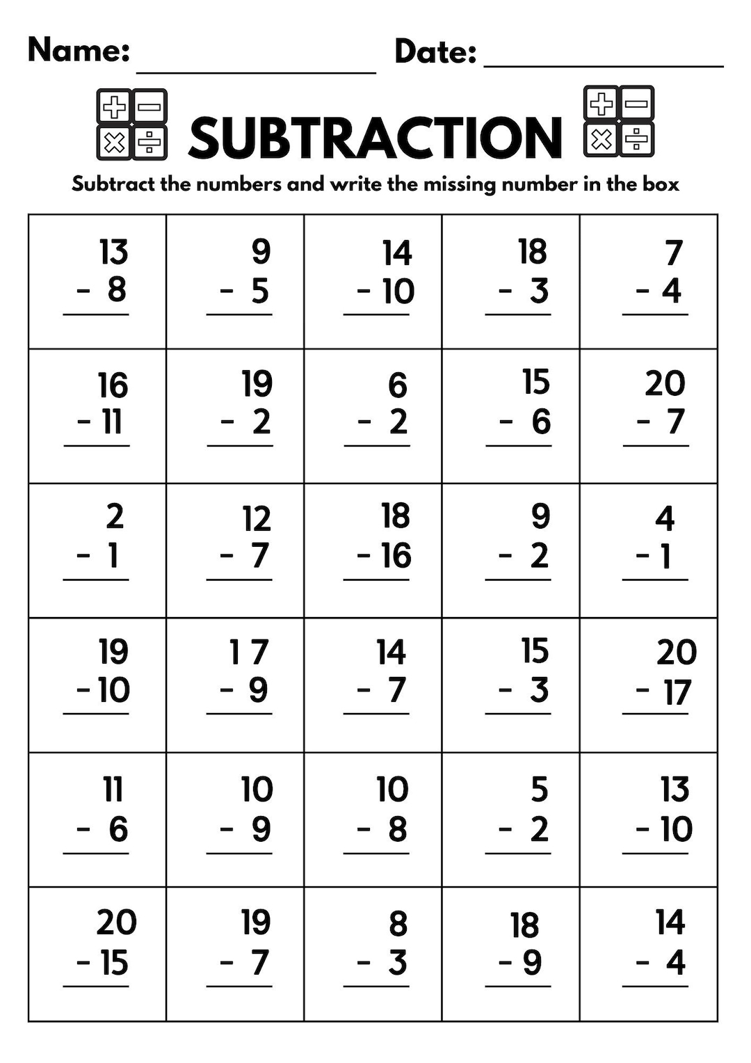10 Printable Subtraction Fill In The Blanks Worksheets Numbers 1 20 For Kindergarten 1st Grade 2nd Grade Math Subtraction Worksheets Etsy