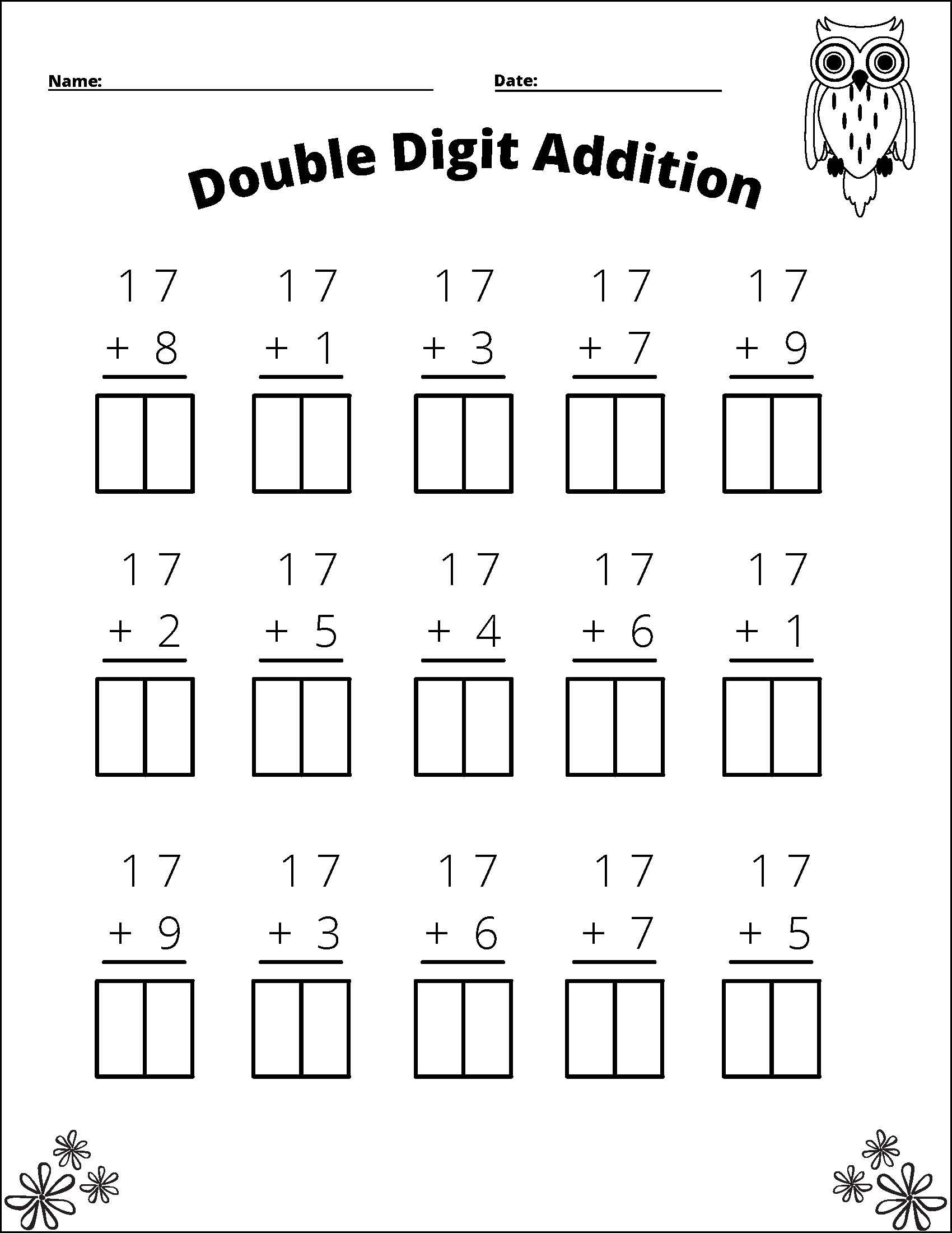 11 Printable Double Digit Addition Worksheets Numbers 10 20 Grades 1st And 2nd Etsy Israel Double Digit Addition Free Worksheet For Kids SKOOLGO