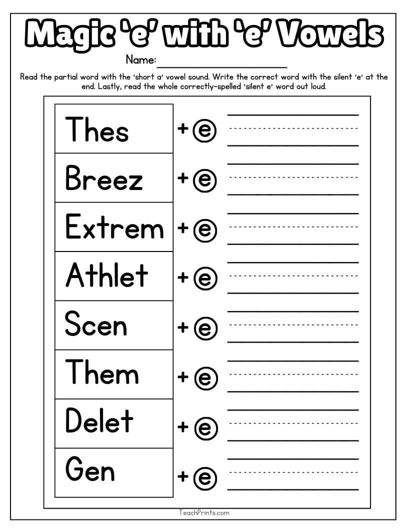 FREE Printable Bossy Silent E Worksheets
