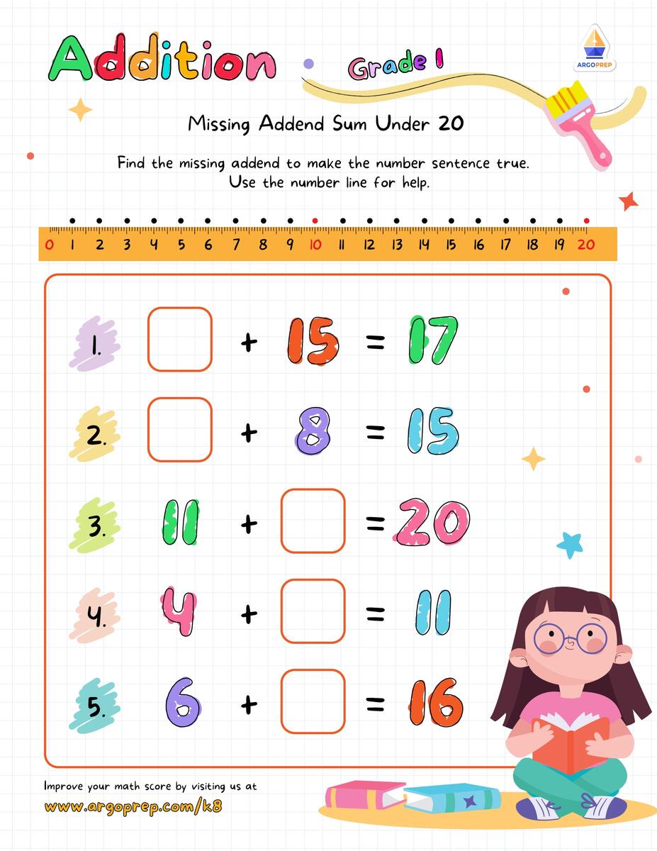 1st Grade Number Lines Missing Addend Sum Under 20 Worksheets For Free ArgoPrep Number Line Addition Worksheets Free Teach Prints