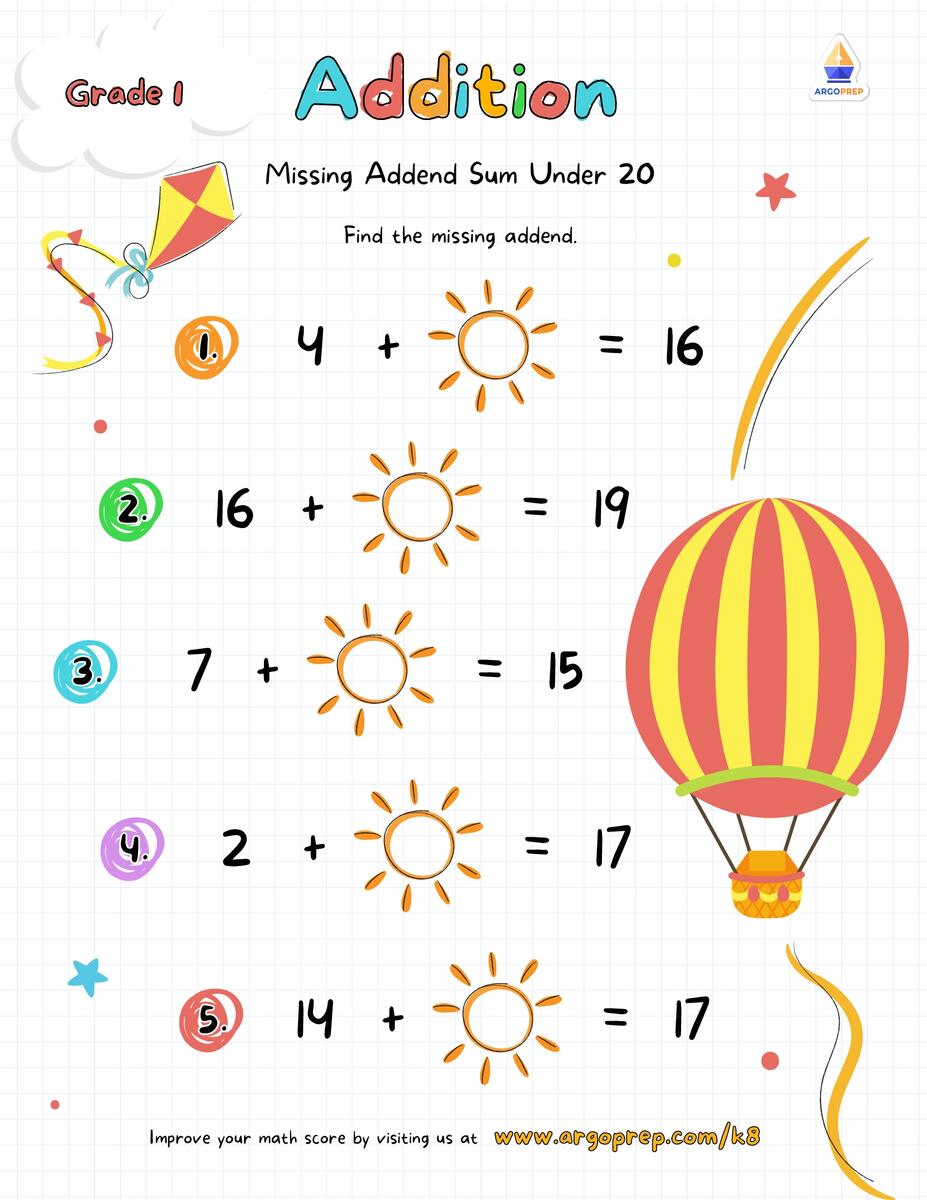 1st Grade Parts Of Whole Missing Addend Sum Under 20 Worksheets For Free ArgoPrep
