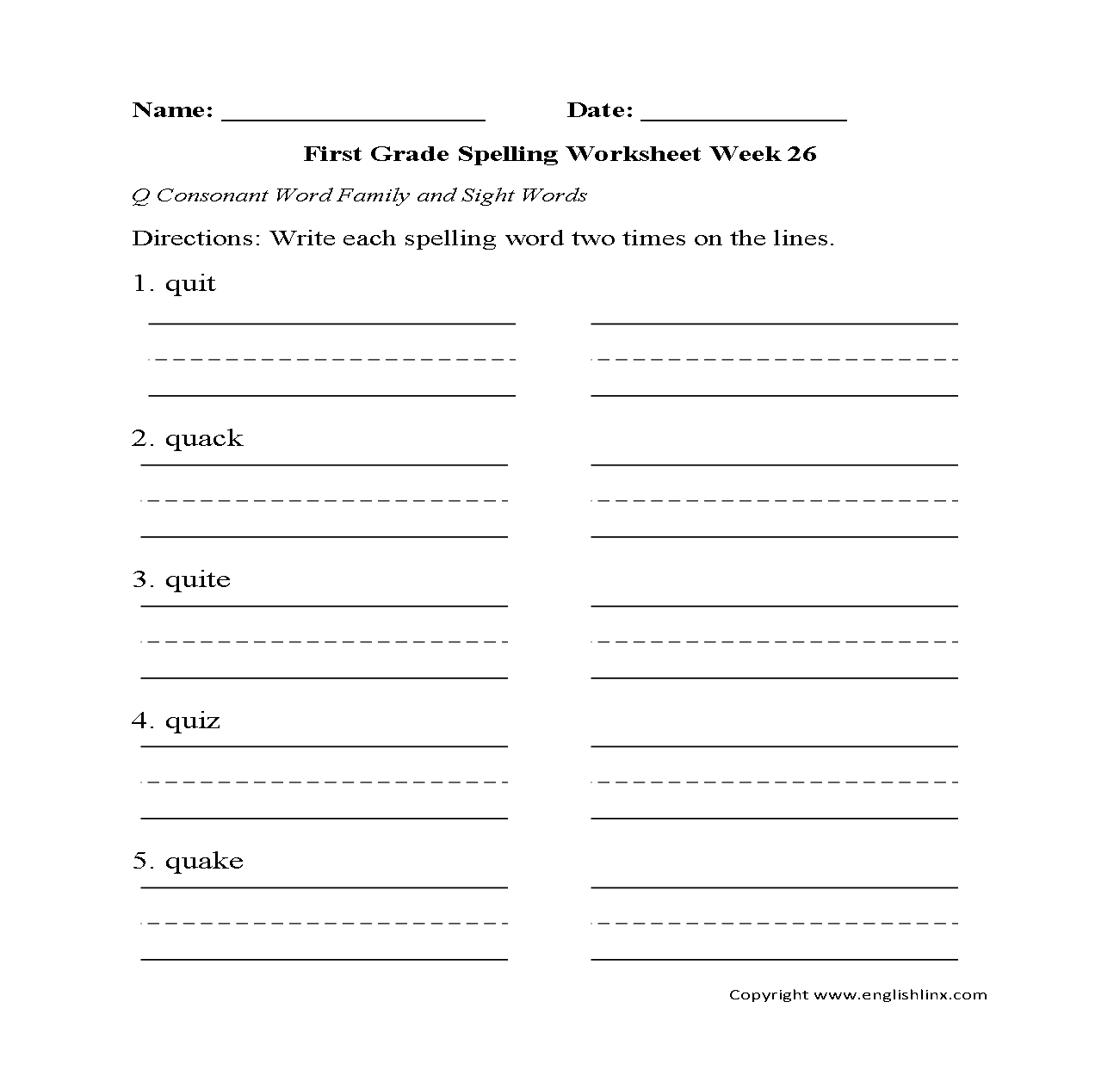 1st Grade Spelling Worksheets Printable Word Lists Weekly Practice Grade 1 Worksheets Games4esl