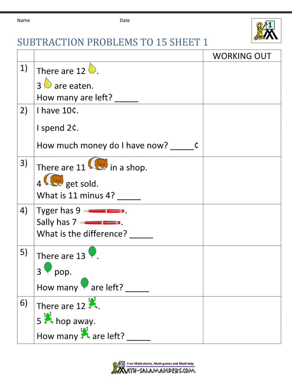 1st Grade Subtraction Word Problems 1st Grade Subtraction Word Problems