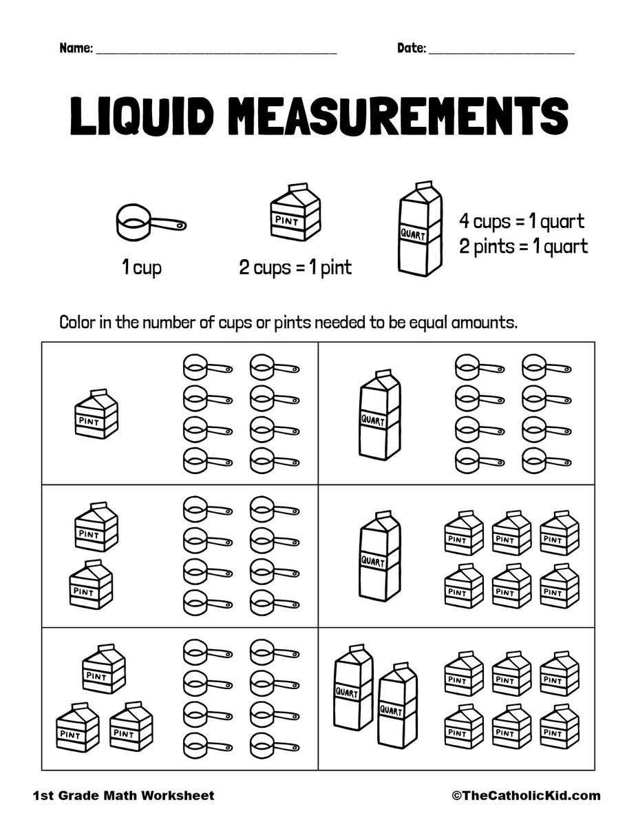 1st Grade Worksheet Measuring Liquids TheCatholicKid 1st Grade Worksheet Measuring Liquids TheCatholicKid