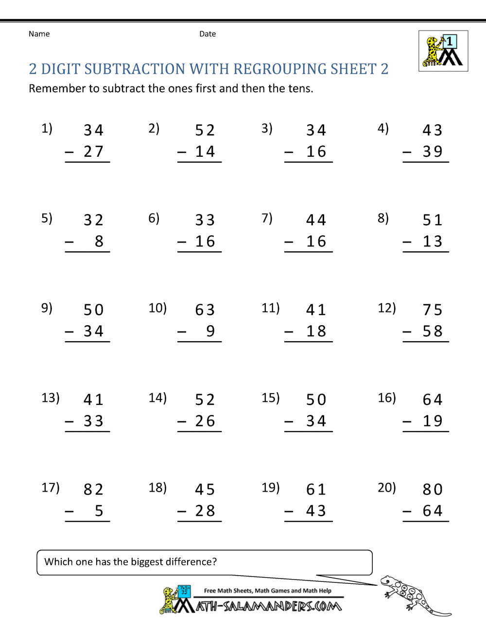 2 Digit Subtraction Worksheets