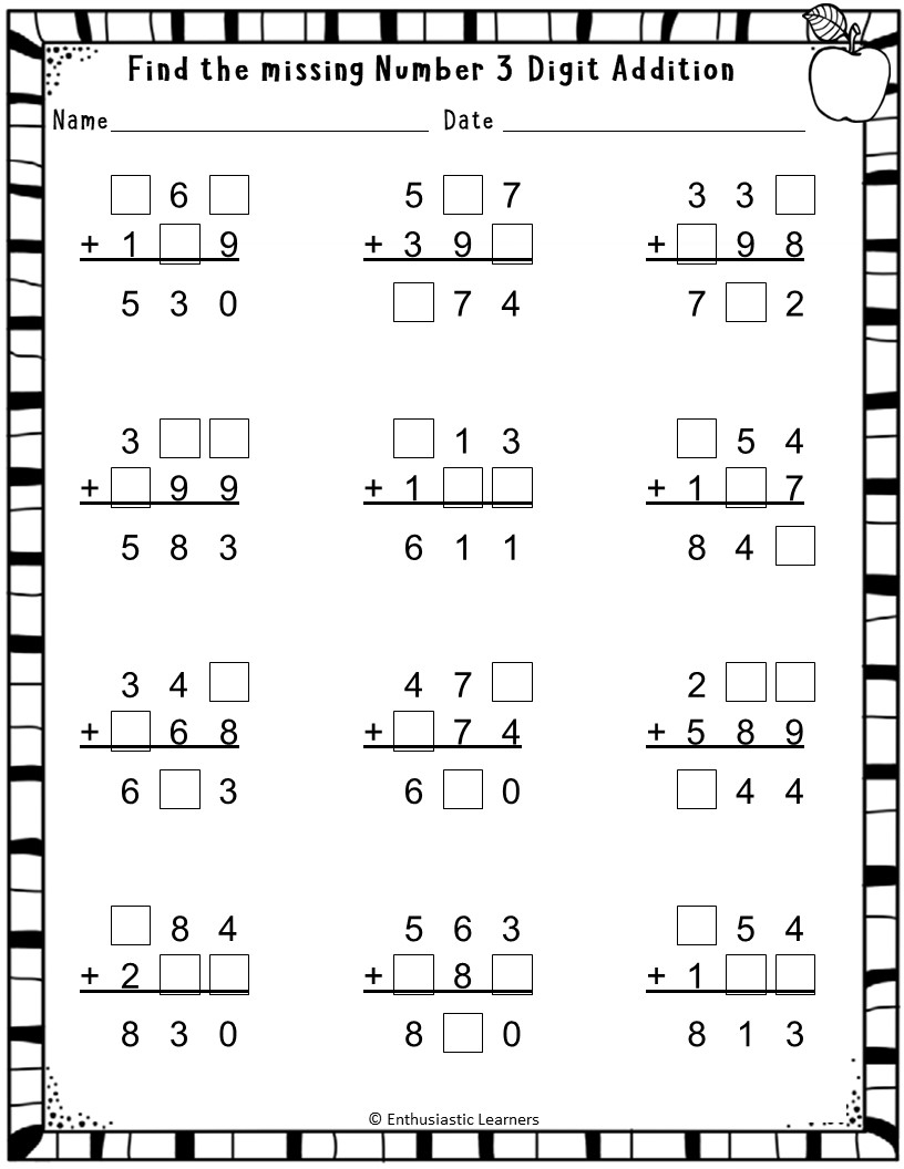 3 Digit Addition With Regrouping Missing Numbers Worksheets Practice Activity Teaching Resources Missing Addend Worksheets Superstar Worksheets