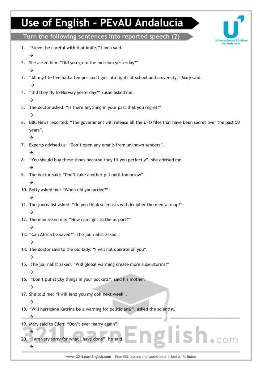 321 Learn English PEvAU Selectividad Andaluc A Use Of English Reported Speech