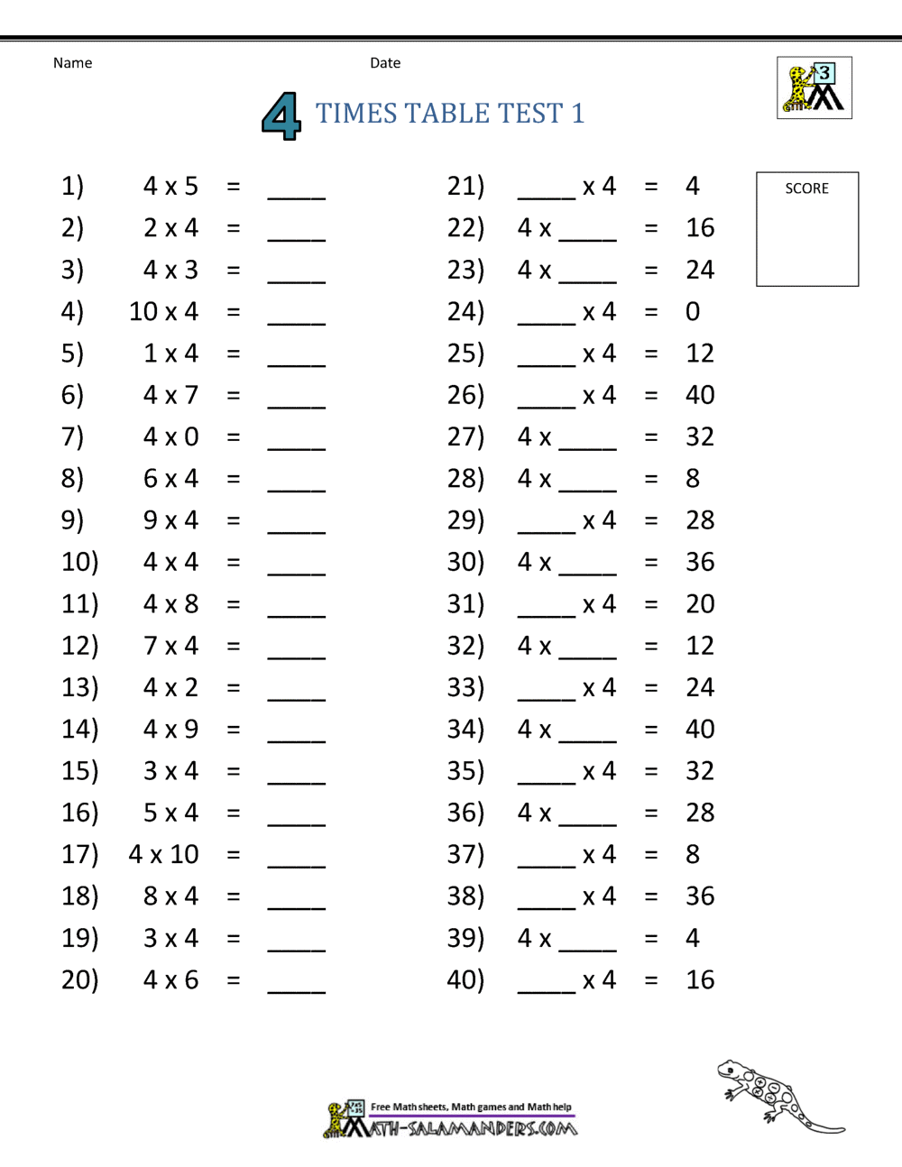 4 Times Table Worksheet Page Free Printable Times Tables Test Worksheet