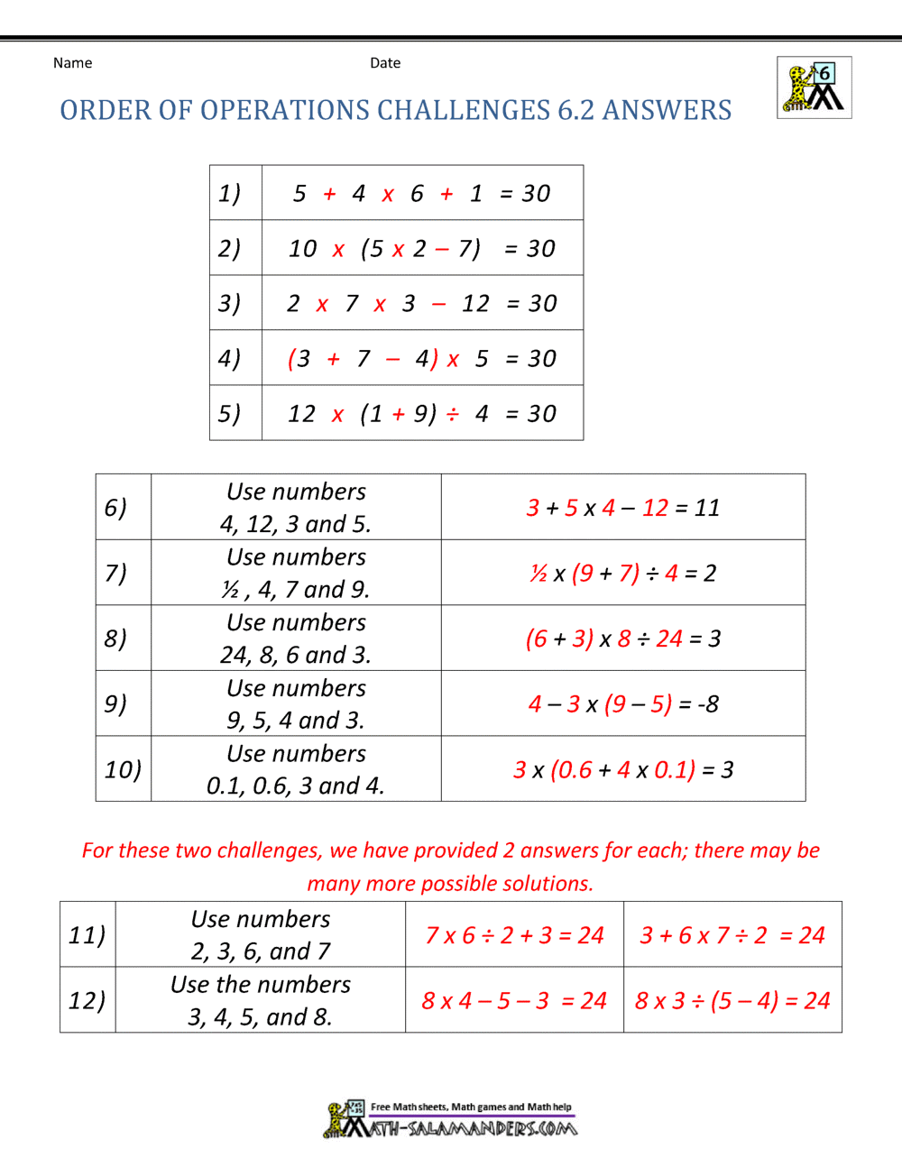 6th Grade Order Of Operations Worksheets