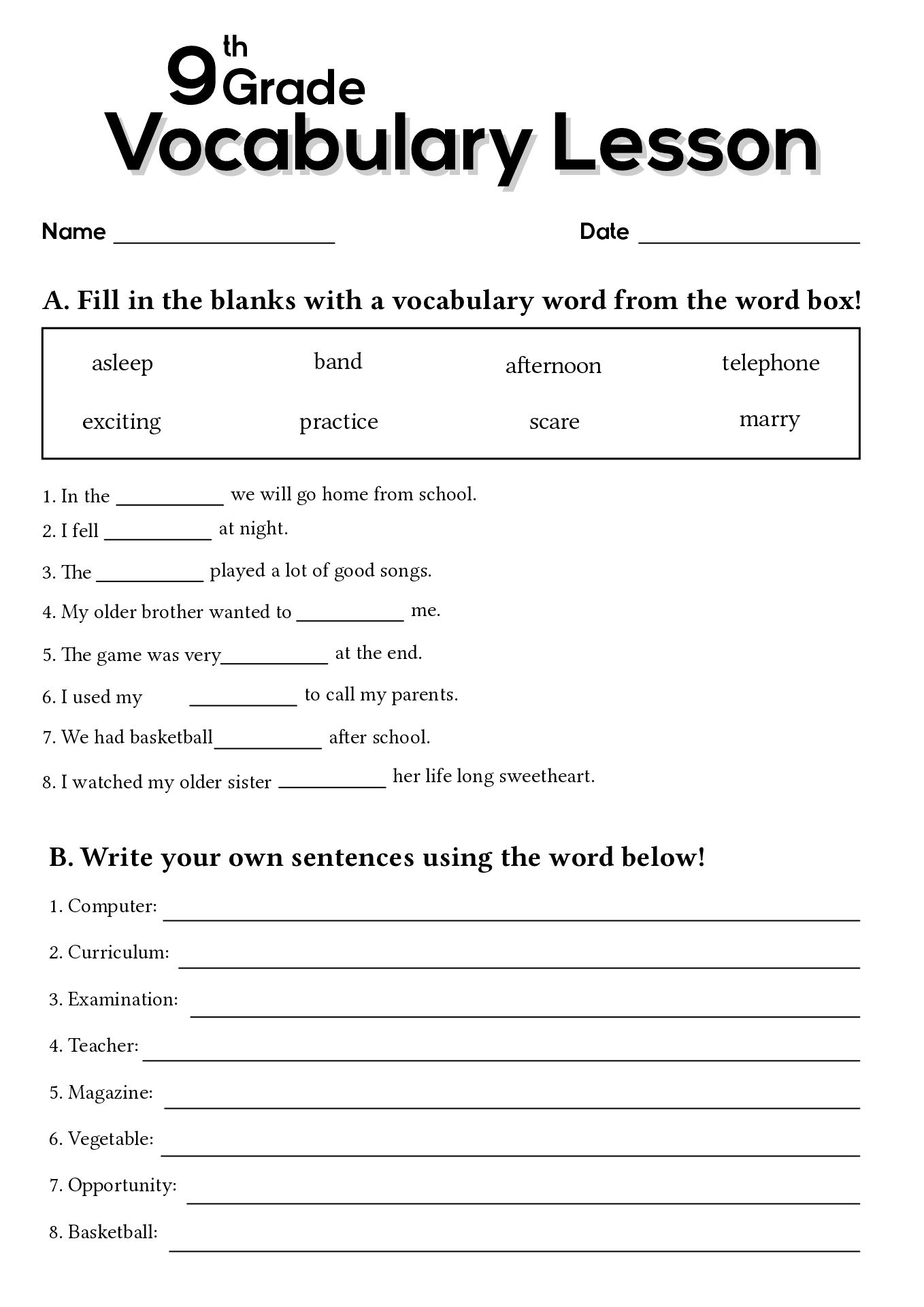 9th Grade Vocabulary Worksheet Enhance Your Language Skills 9th Grade Vocabulary Worksheet Enhance Your Language Skills