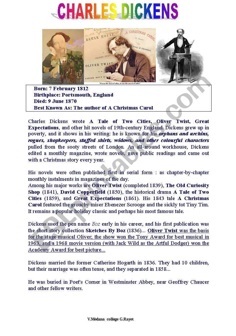A SHORT BIOGRAPHY Of CHARLES DICKENS ESL Worksheet By V Ro33