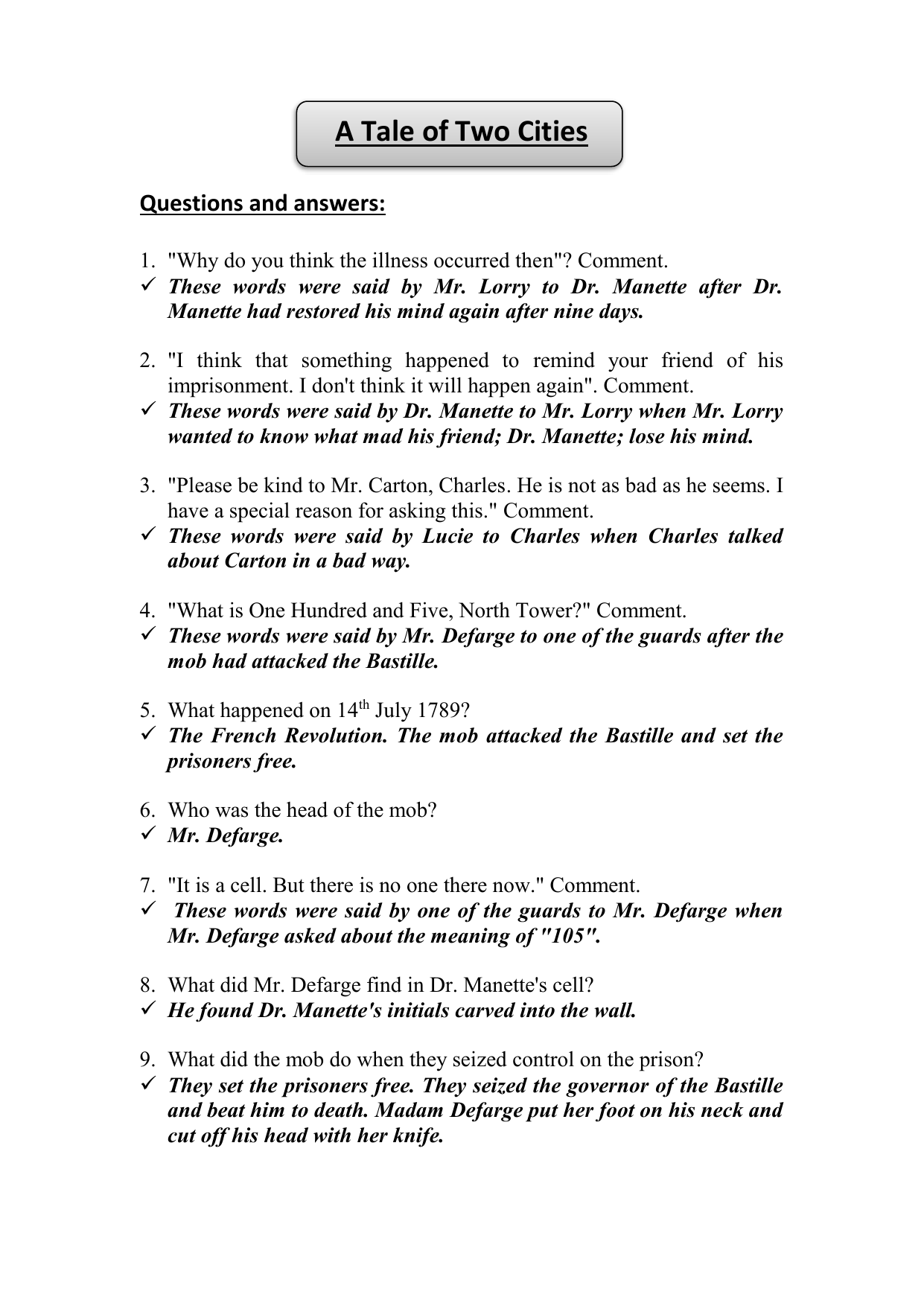 Quiz Worksheet A Tale Of Two Cities Study