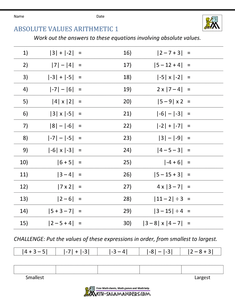 Free Printable Absolute Value Worksheet For Eighth Grade