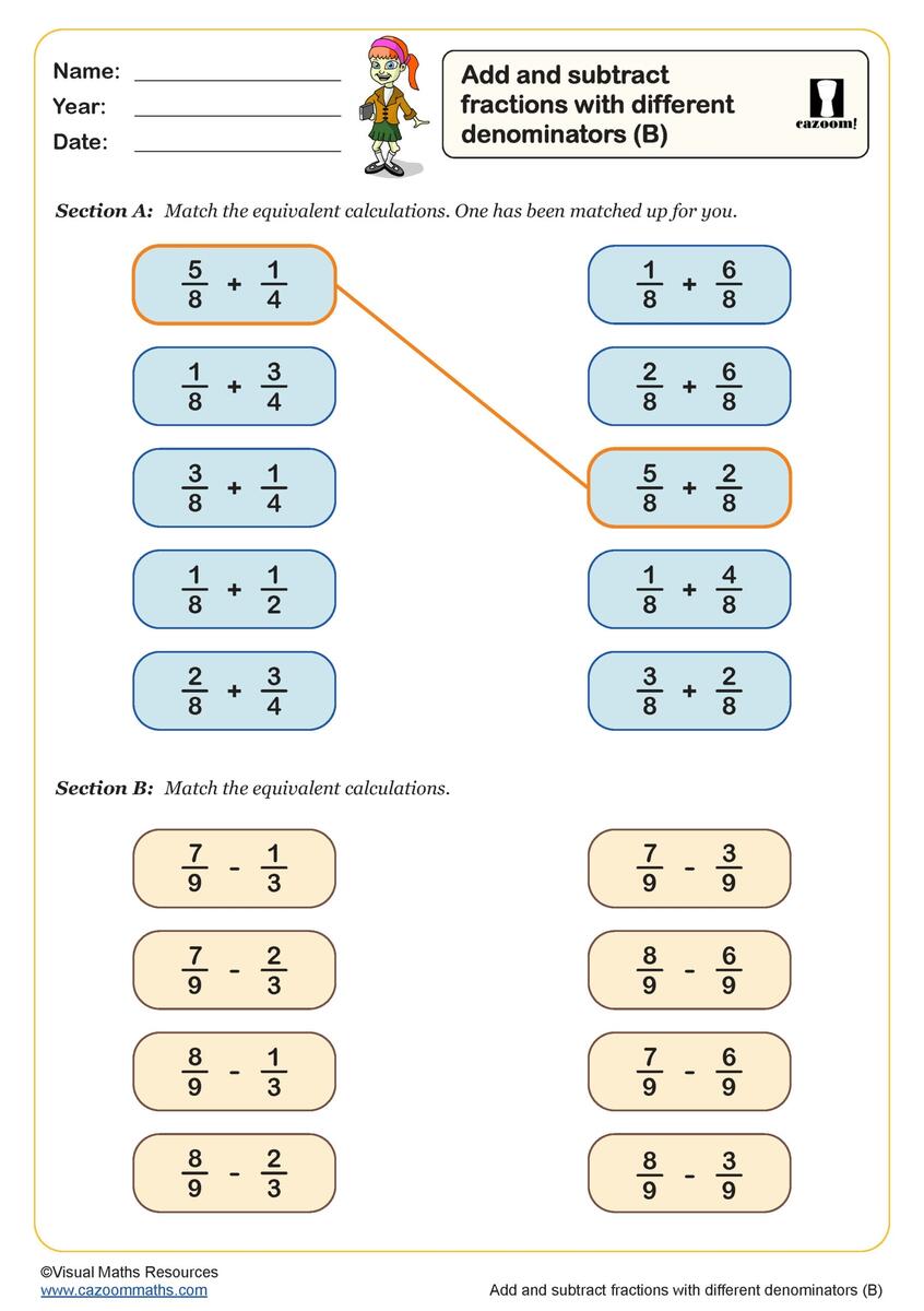 Add And Subtract Fractions With Different Denominators A Worksheet PDF Printable Number Worksheets