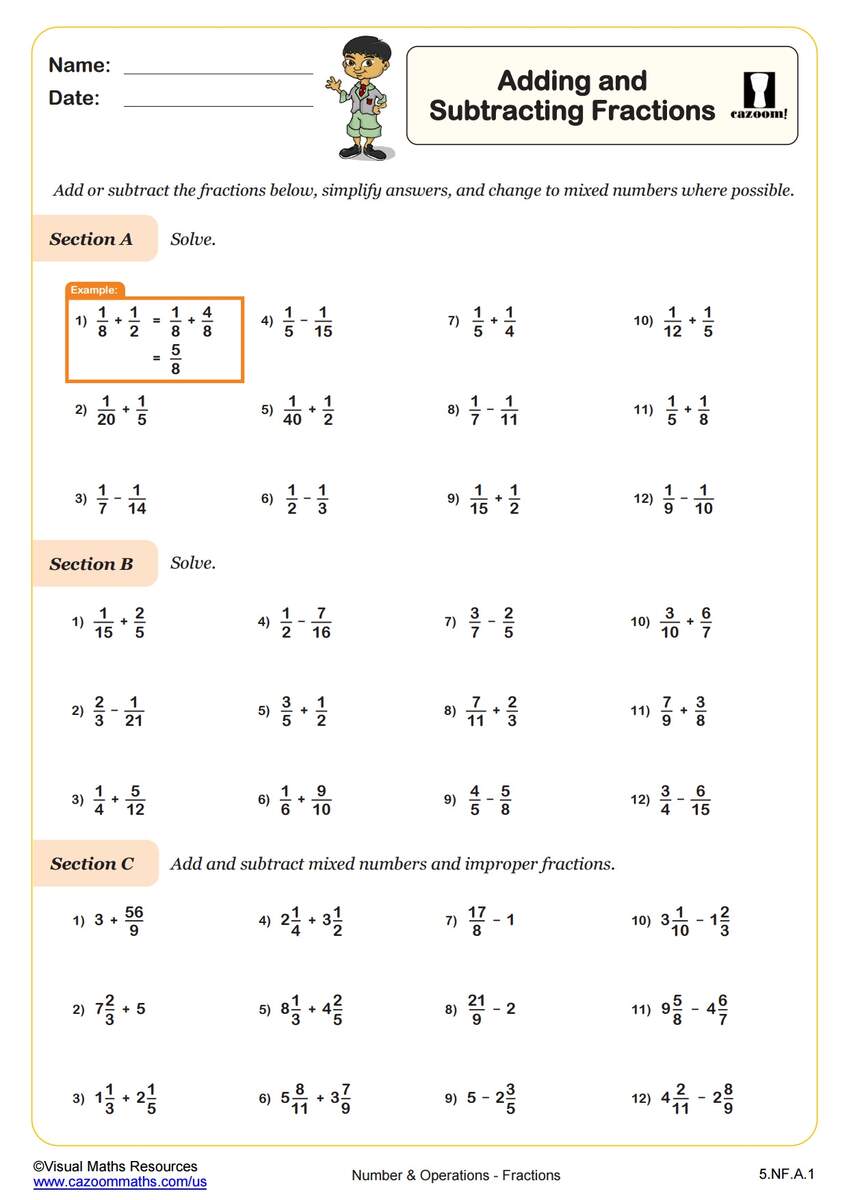 Adding And Subtracting Fractions PDF Printable Number And Operations Worksheets Cazoom Math
