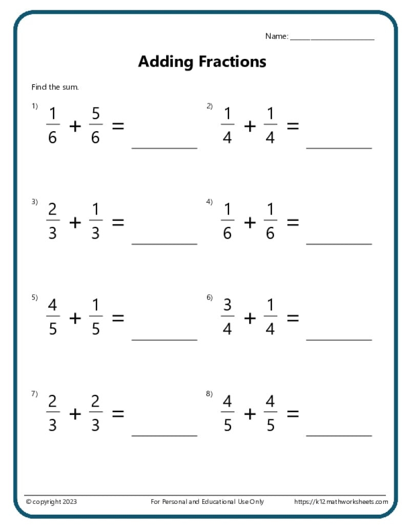 Adding And Subtracting Fractions PDF Printable Number And Operations Worksheets Cazoom Math