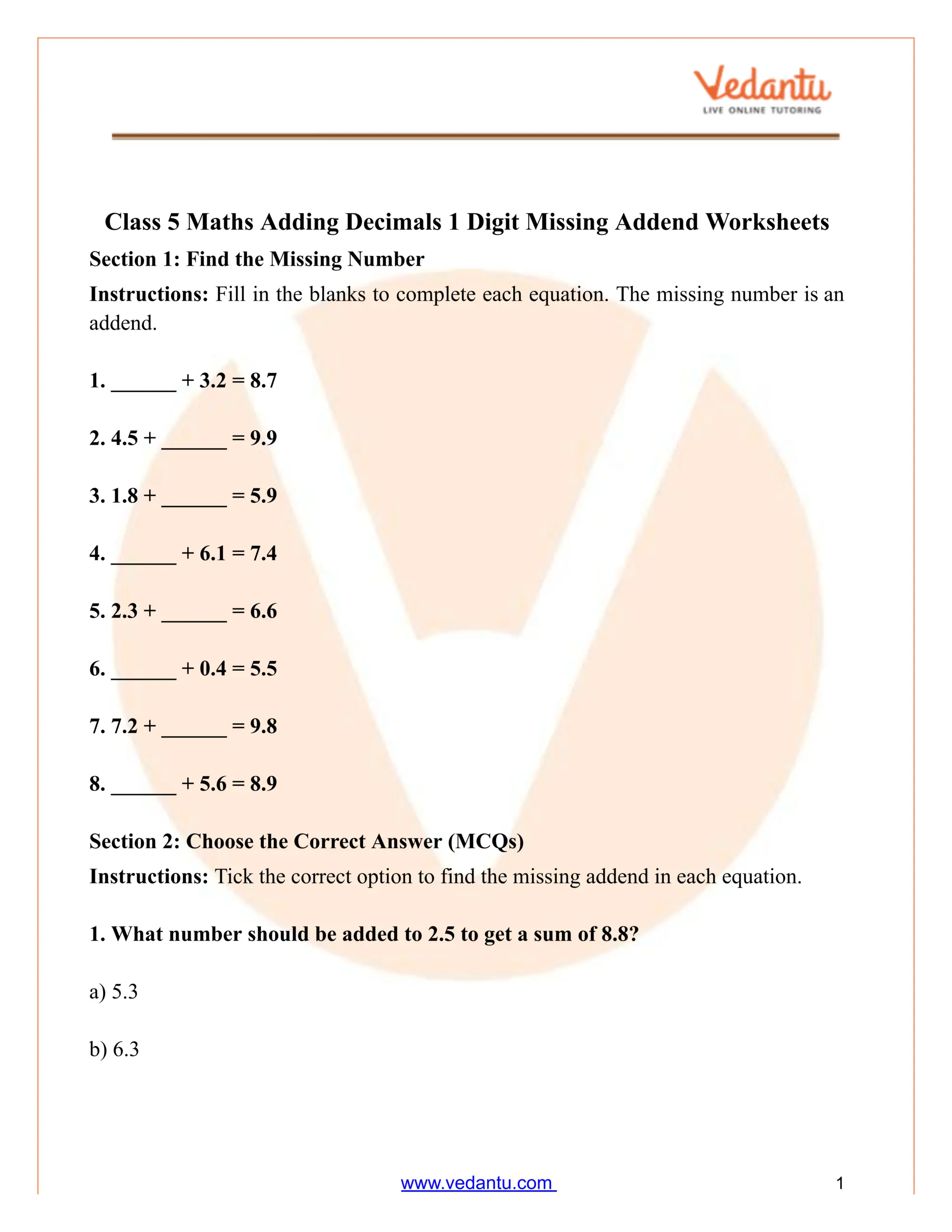 Adding Decimals Worksheet Class 5 1 Digit Missing Addend Practice