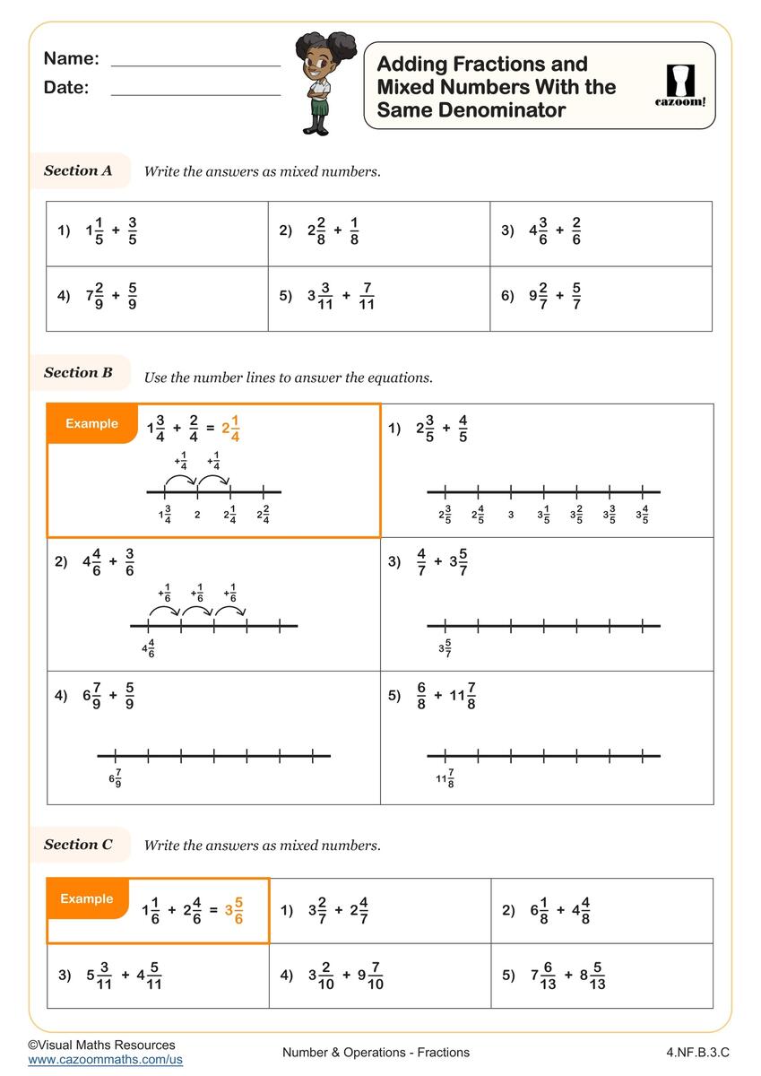 Adding Fractions And Mixed Numbers With The Same Denominator Worksheet Fun And Engaging 4th Grade Operations Algebraic Thinking Worksheet Cazoom Math