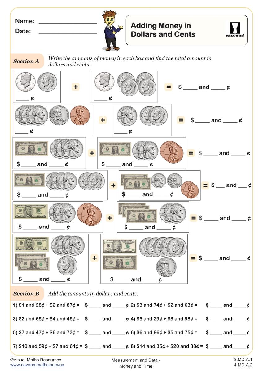 Adding Money In Dollars And Cents Worksheet Fun And Engaging 3rd Grade And 4th Grade Measurement And Data Worksheet Cazoom Math Counting Money Worksheets