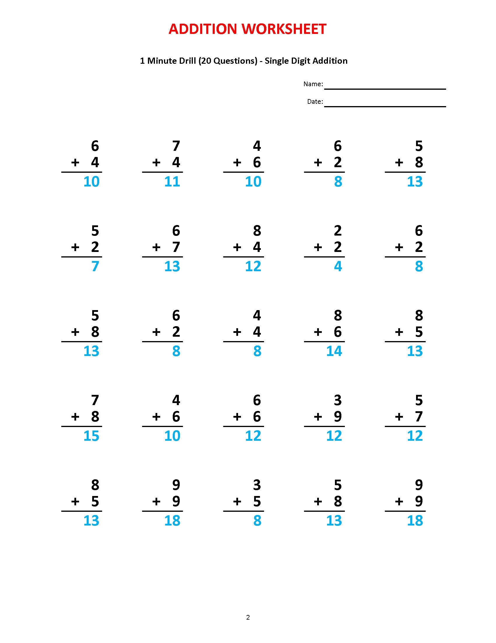 Addition 1 Minute Drill 10 Math Worksheets PDF Etsy Norway