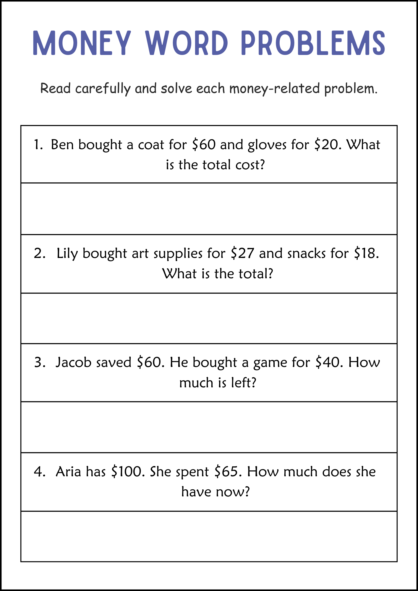 Addition And Subtraction Money Word Problems Math Worksheets For Grade 2 3 Made By Teachers Money Problems ArgoPrep