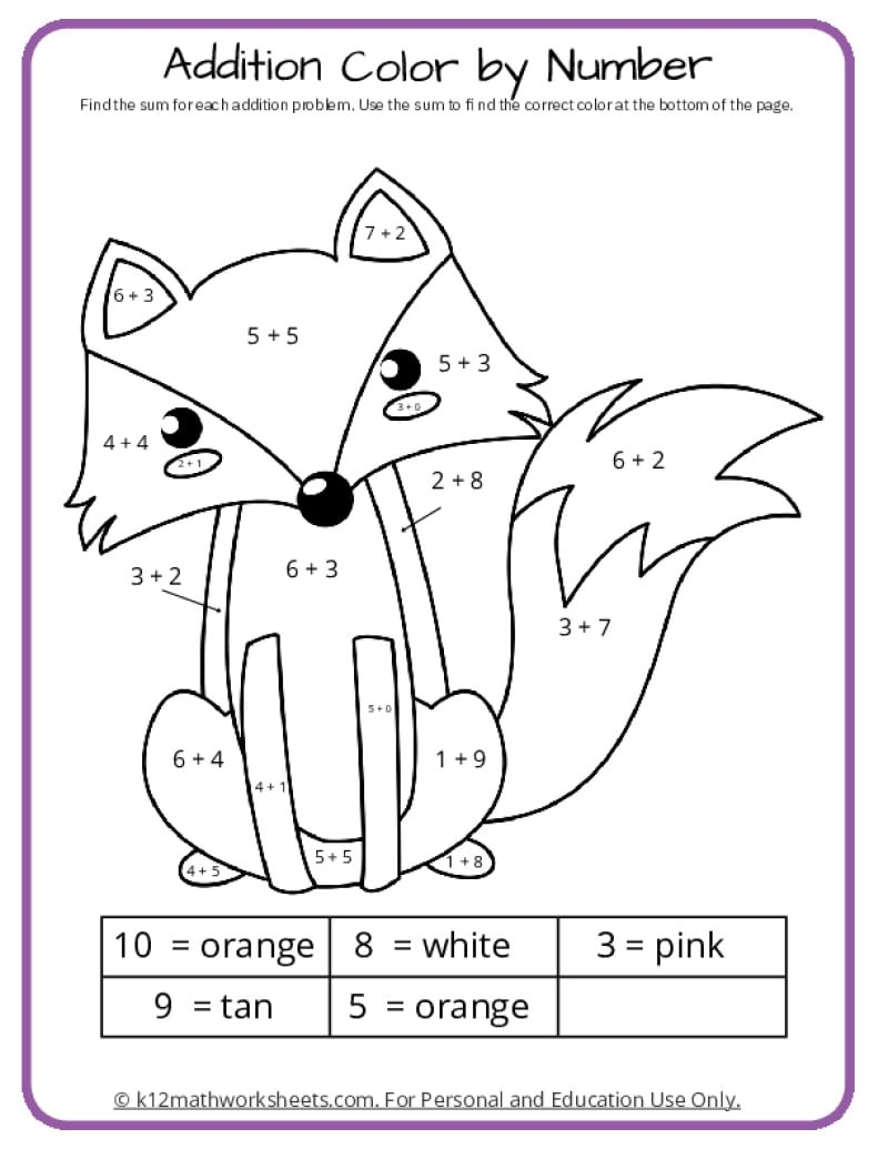 Addition Color By Number Printable Activities