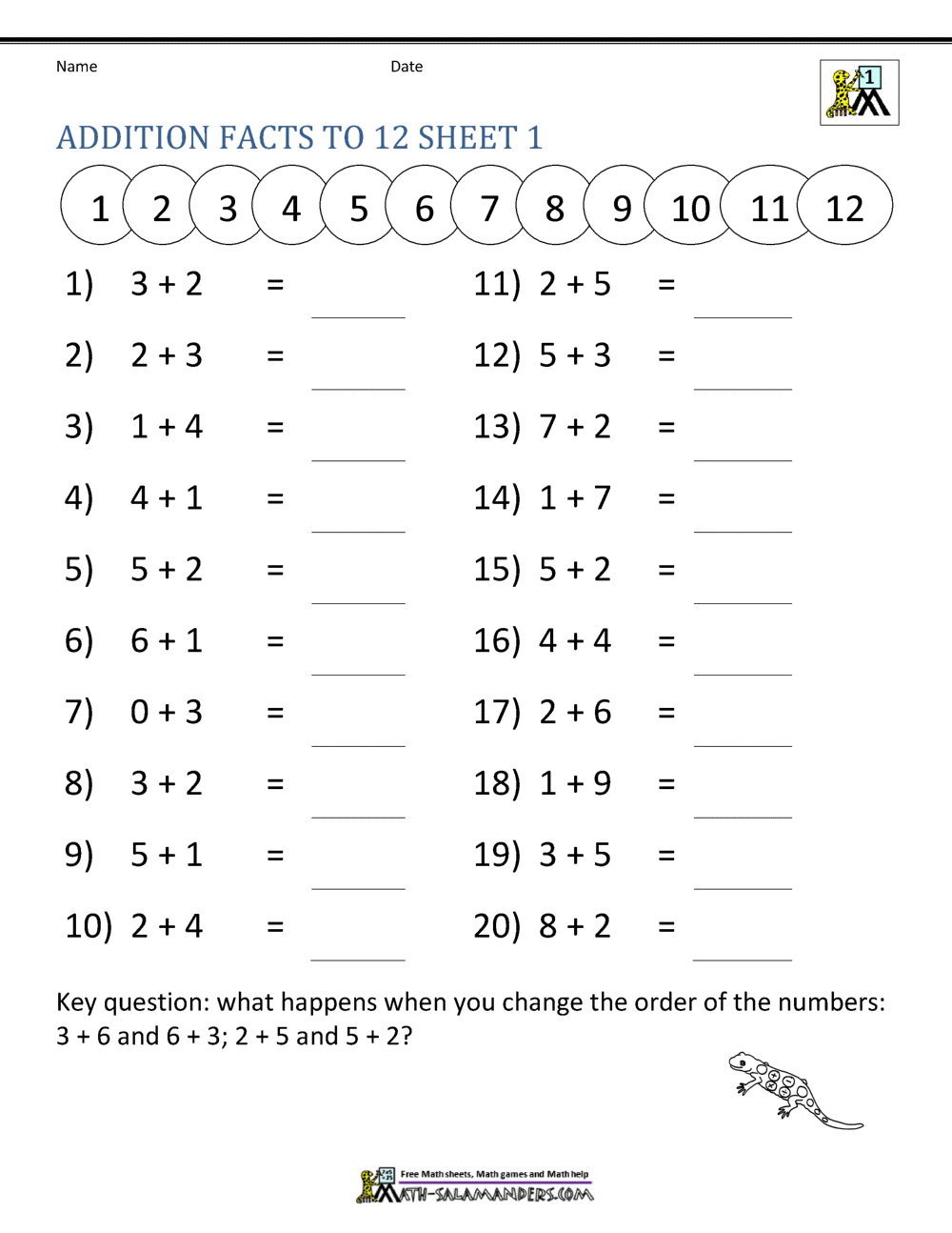 Addition Facts To 12 Sheet 1 Addition Facts To 12 Sheet 1
