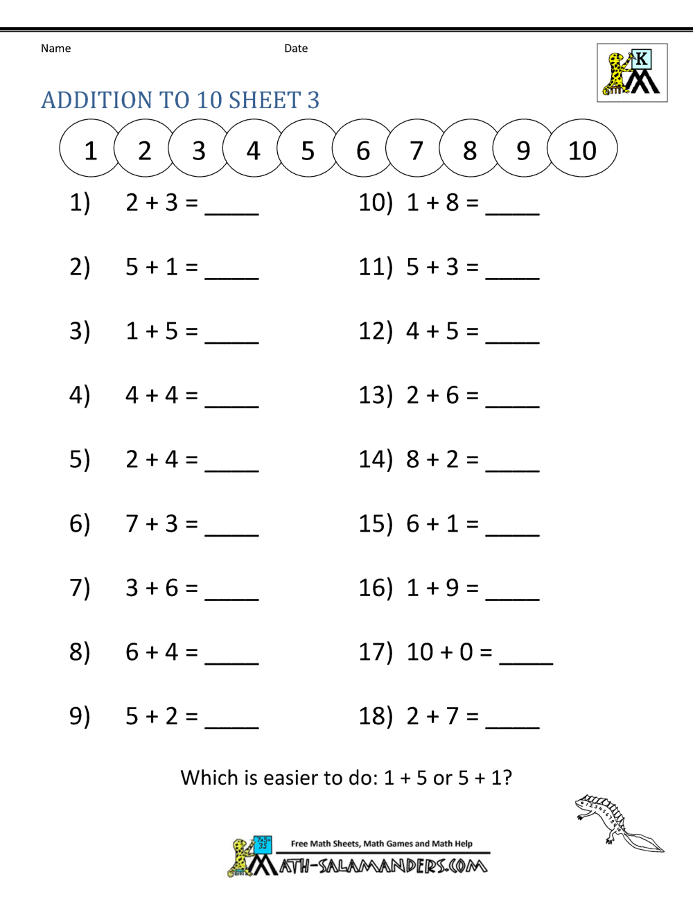 Addition Math Worksheets For Kindergarten
