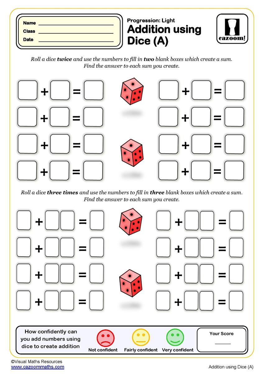 Addition Using Dice Worksheet A PDF Printable Addition Worksheets Dice Addition Worksheet Education World