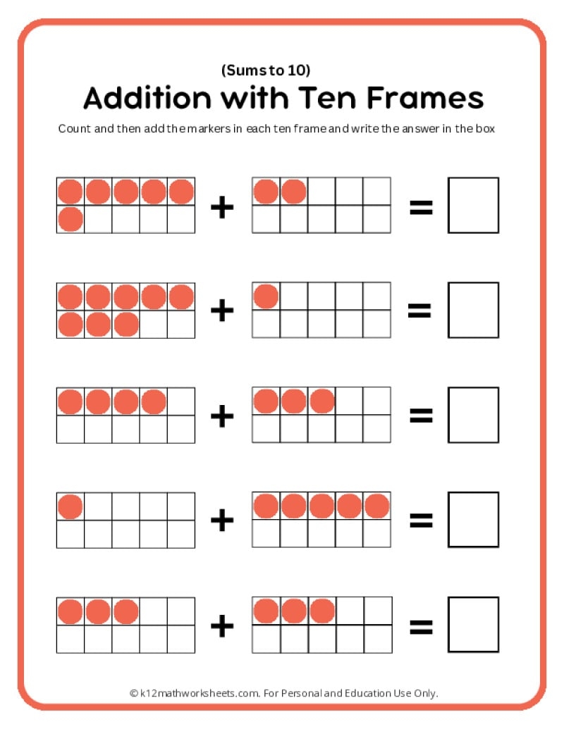 Addition With Ten Frames Worksheets Addition With Ten Frames Worksheets