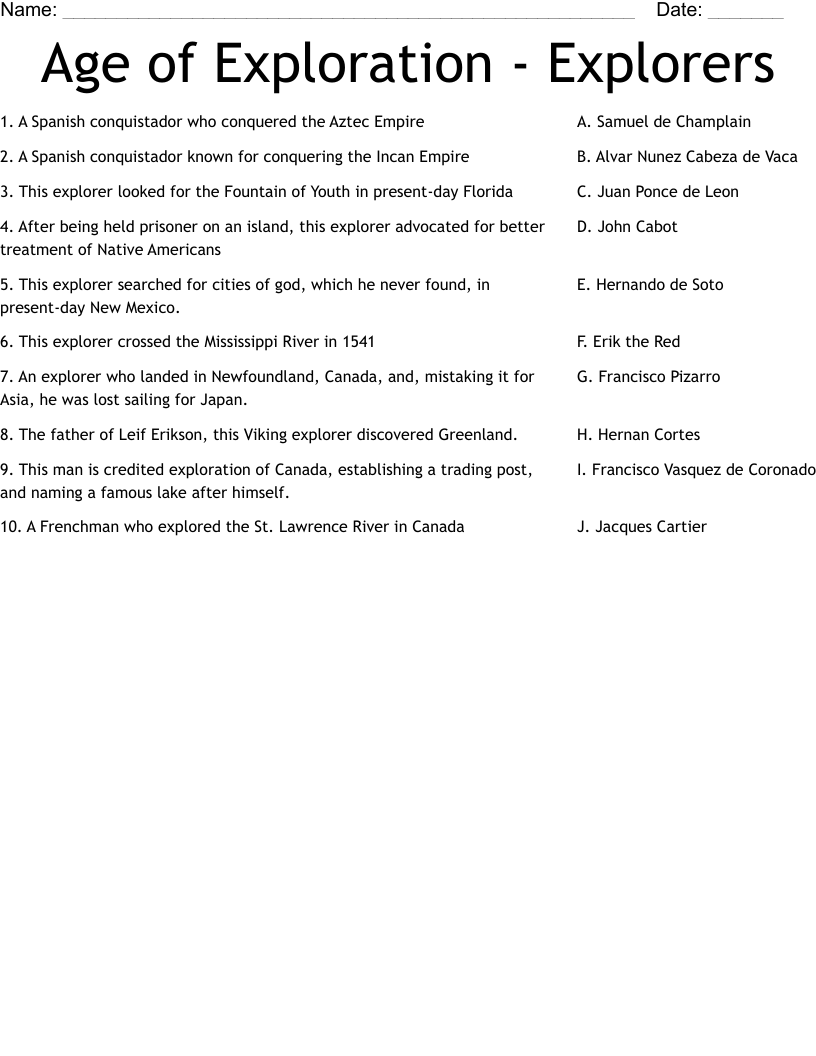 Age Of Exploration Explorers Worksheet WordMint