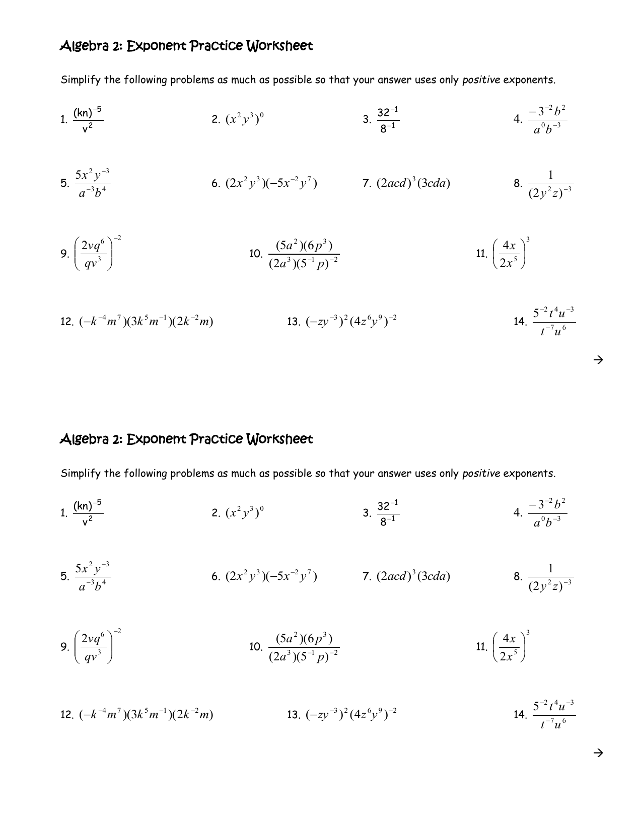 Algebra 2 Exponent Practice Worksheet Algebra 2 Exponent Practice Worksheet
