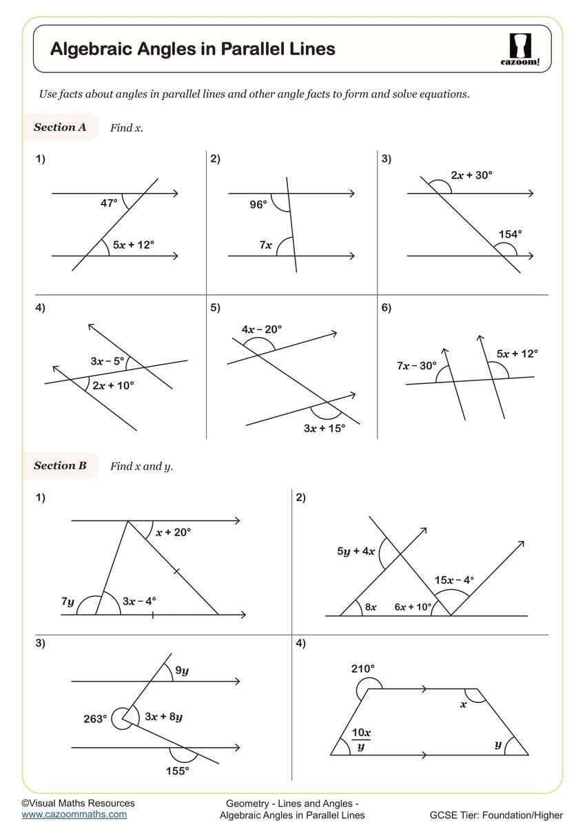 Algebraic Angles In Parallel Lines Worksheet Printable PDF Year 9 Geometry Worksheet