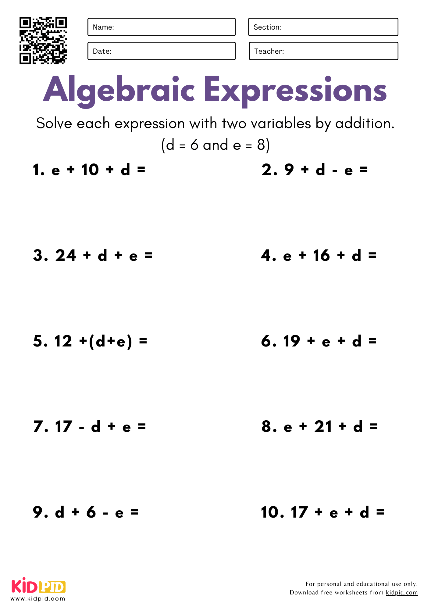 Algebraic Expressions With Two Variables By Addition Worksheet For Grade 5 Kidpid Algebraic Expressions With Two Variables By Addition Worksheet For Grade 5 Kidpid