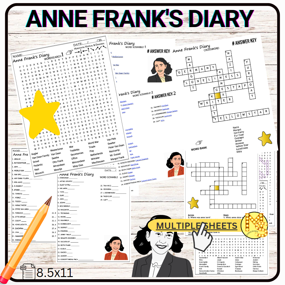 Anne Frank S Diary Novel Worksheets Crossword Word Scramble Wordsearch Quiz Made By Teachers Anne Frank Activities Worksheet Worksheets Library