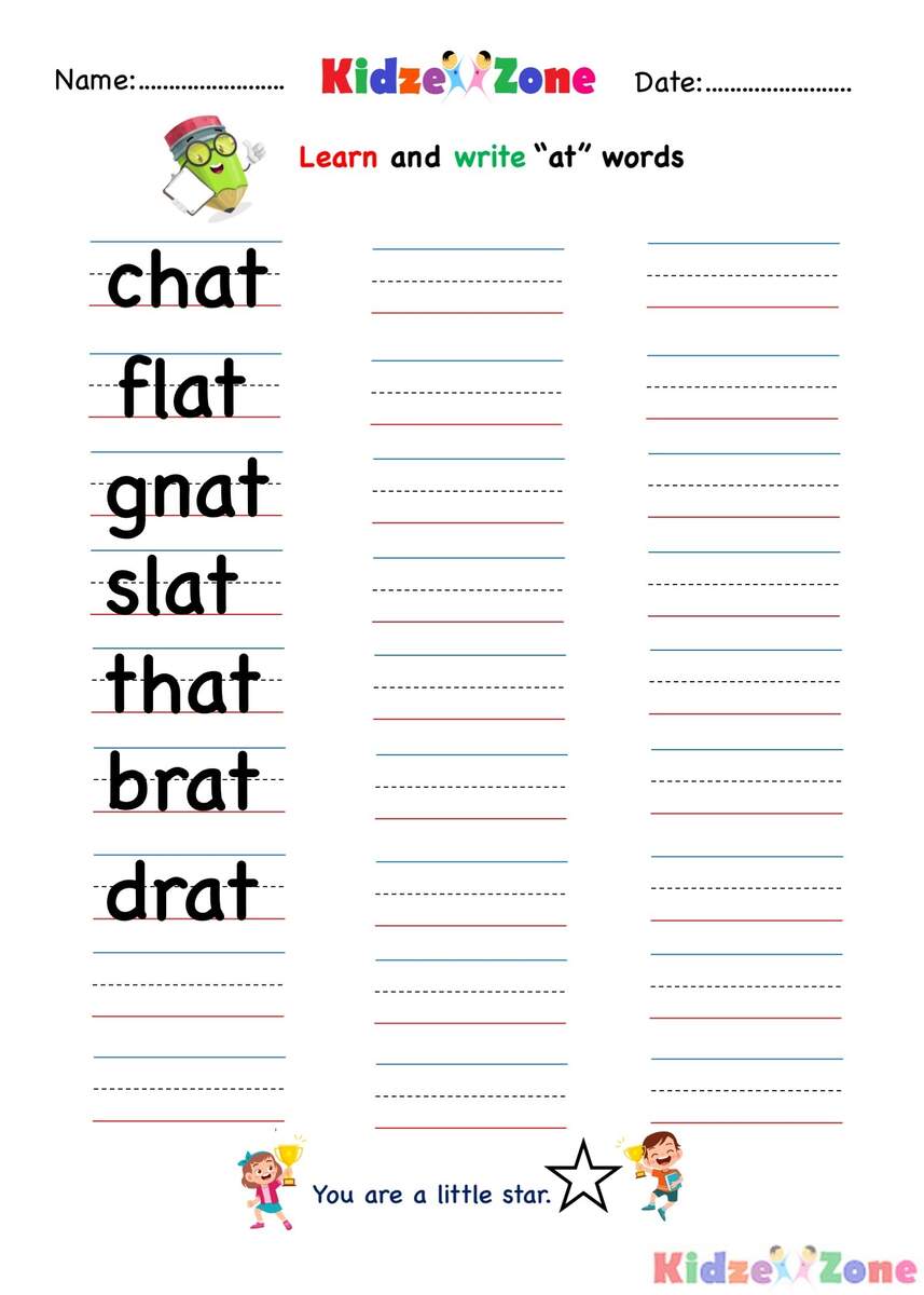 At Word Family Writing Worksheet KidzeZone At Word Family Writing Worksheet KidzeZone