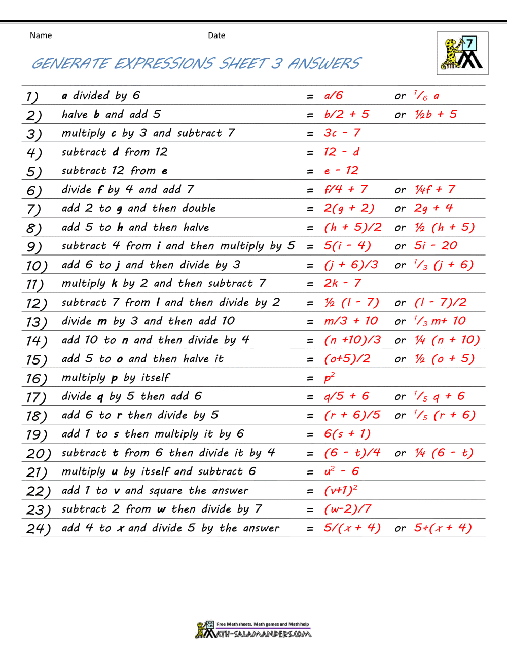 Basic Algebra Worksheets SOLUTION Translating And Evaluating Algebraic Expressions Study Worksheets Library