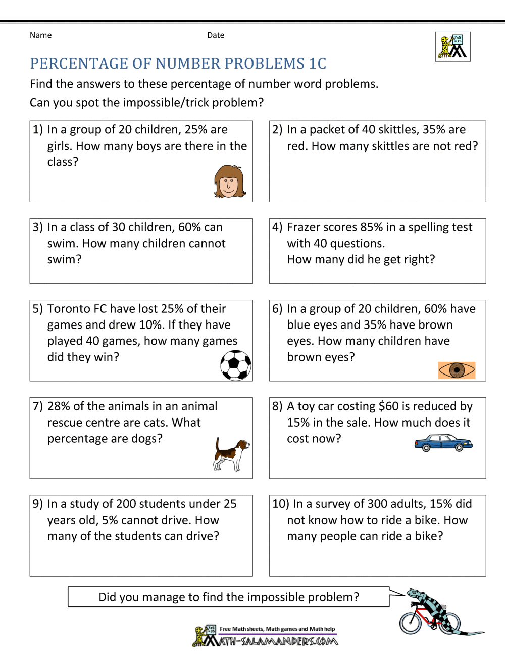 Basic Percentage Word Problems 6th Grade Percent Word Problems