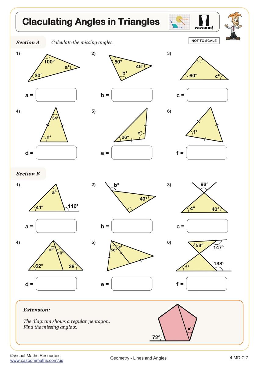 Calculating Angles In Triangles Worksheet 4th Grade PDF Worksheets Cazoom Math