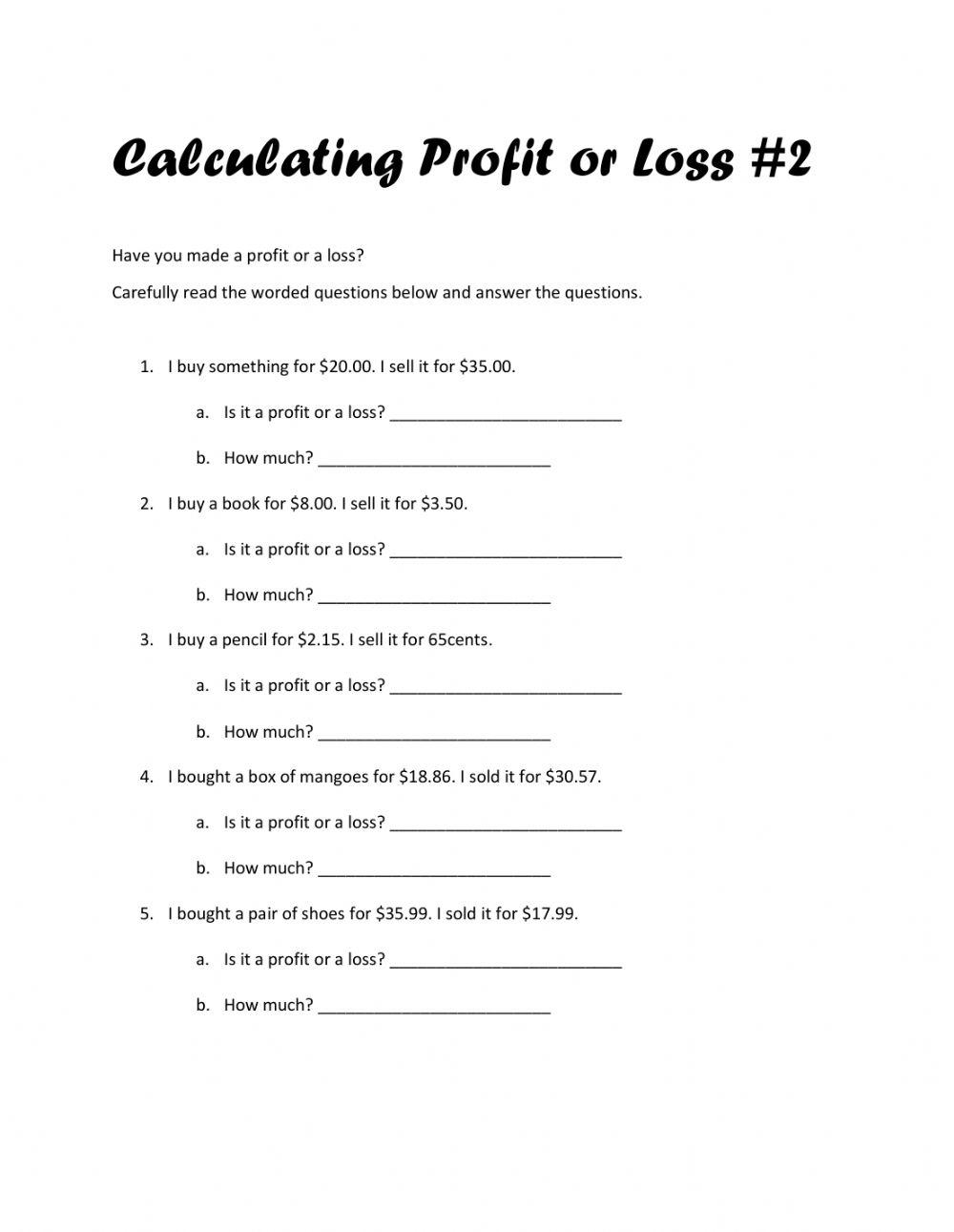 Calculating Profit And Loss 2 Worksheet Worksheets Library