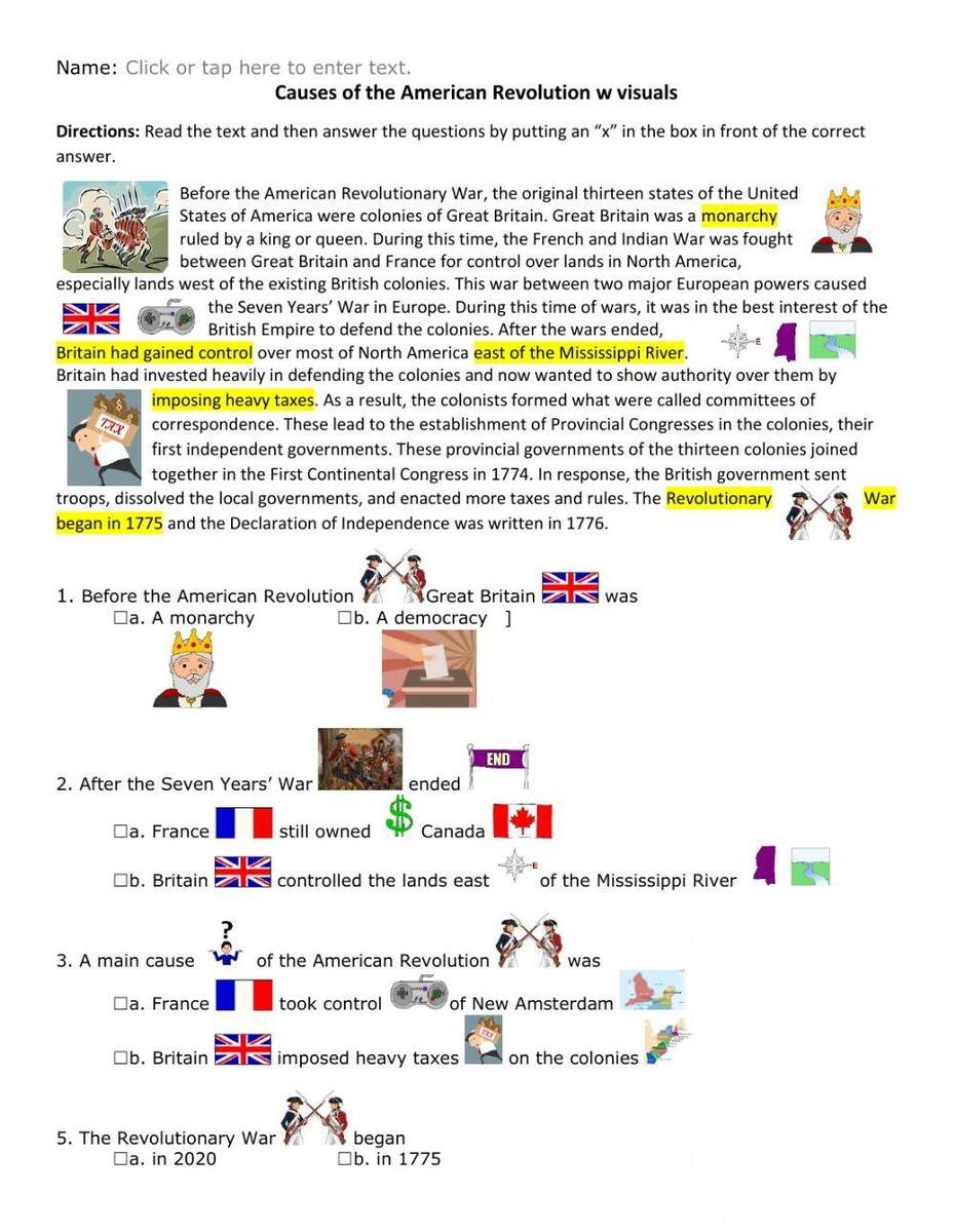 Causes Of The American Revolution W Visuals Worksheet Live Worksheets Library