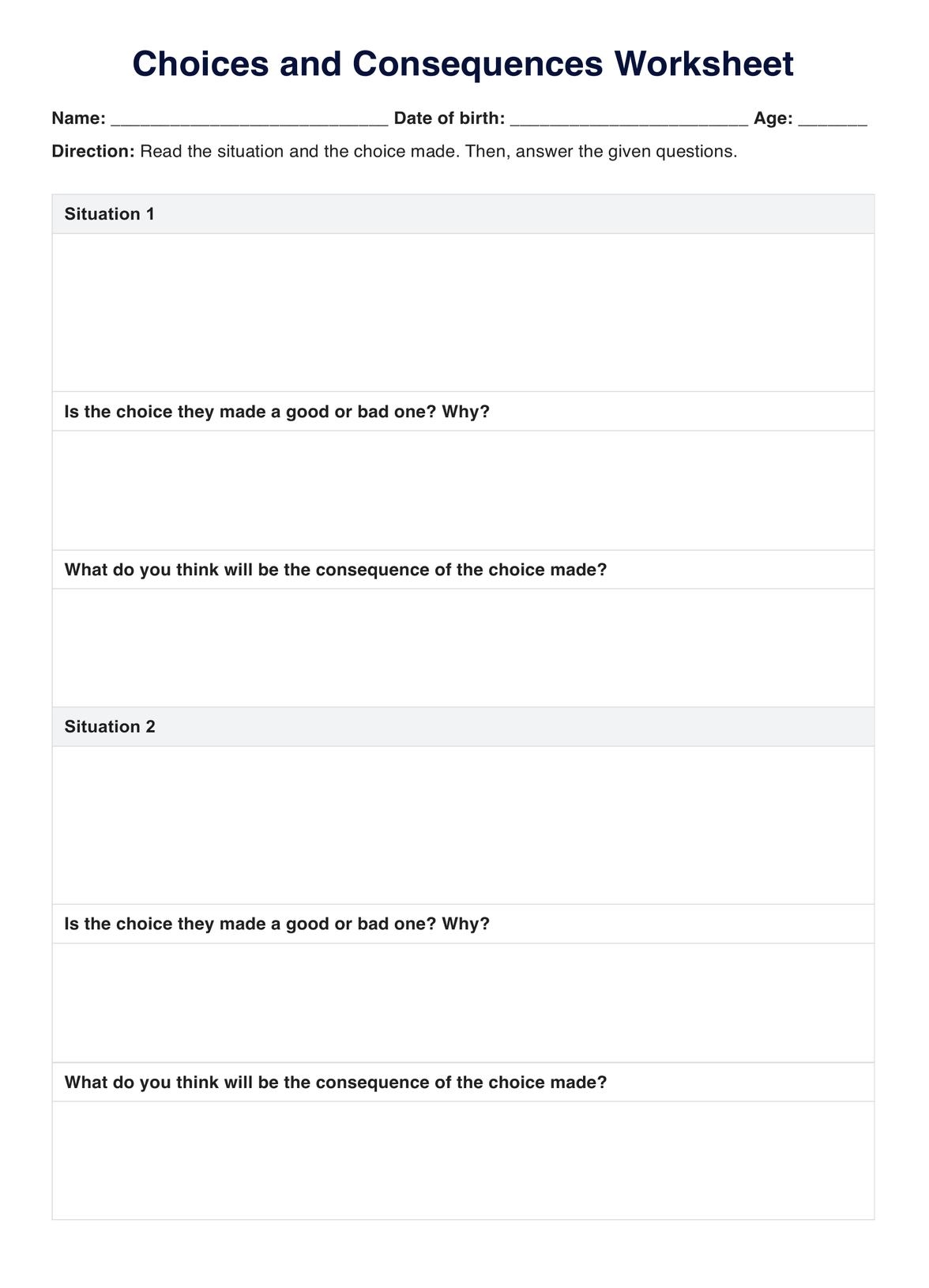 Choices And Consequences Worksheets