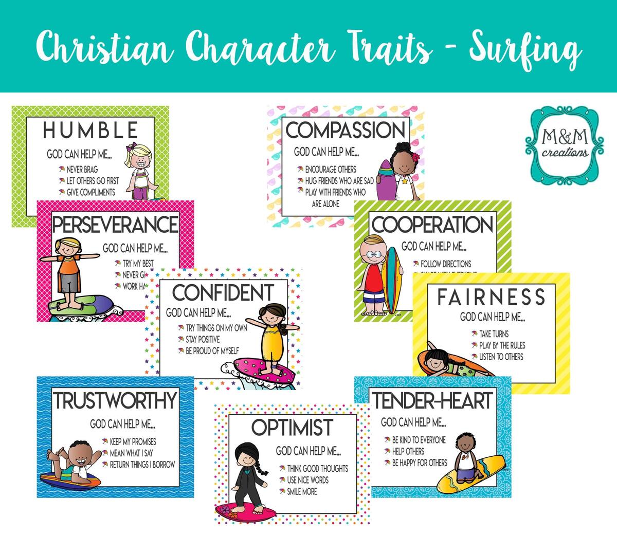 Christian Character Trait Posters Surfing Theme Etsy Humility Christian Character Traits Packet No Prep Classful