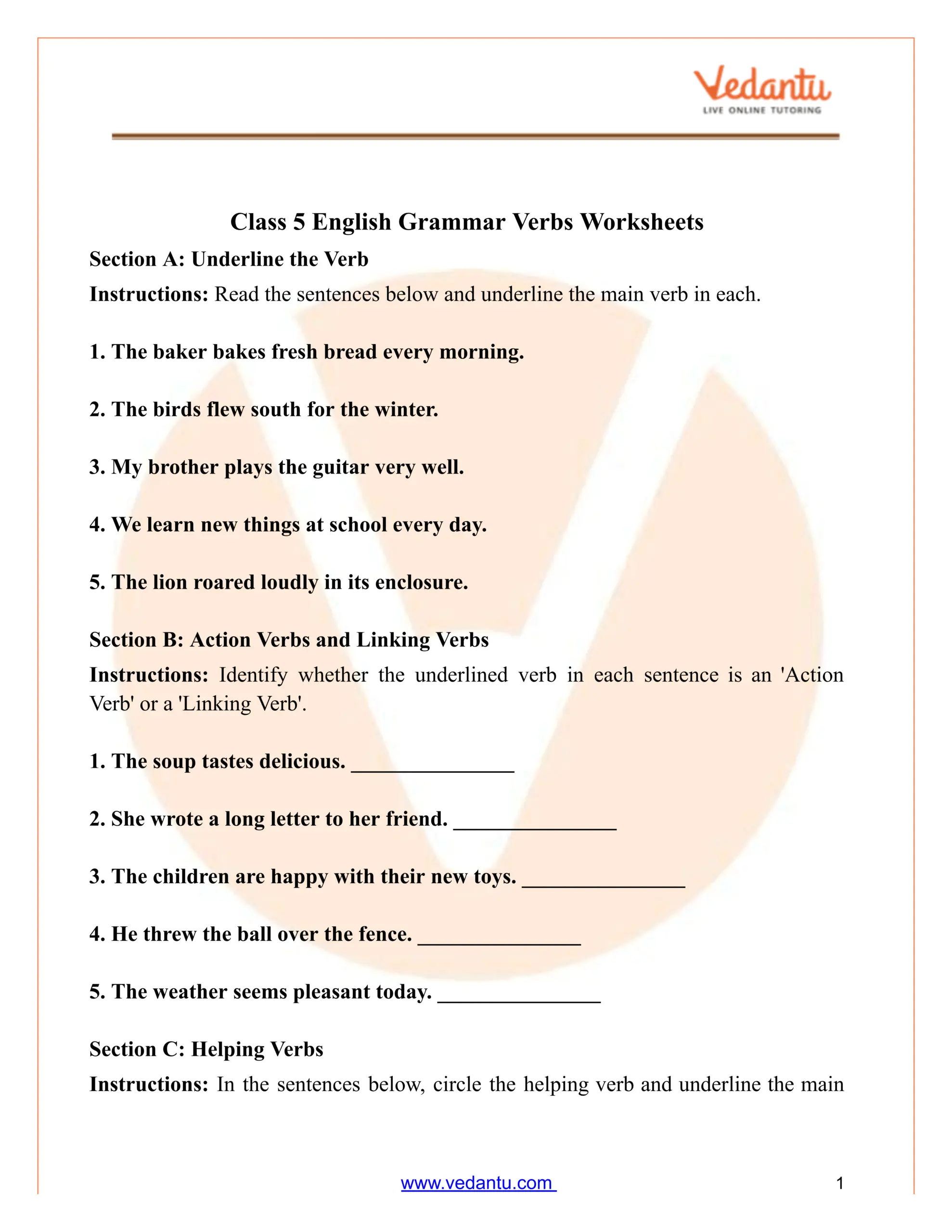 Class 5 English Grammar Verbs Worksheet PDF Free Practice Answers Fifth Grade Spelling Worksheets Printable Word Lists Weekly Practice