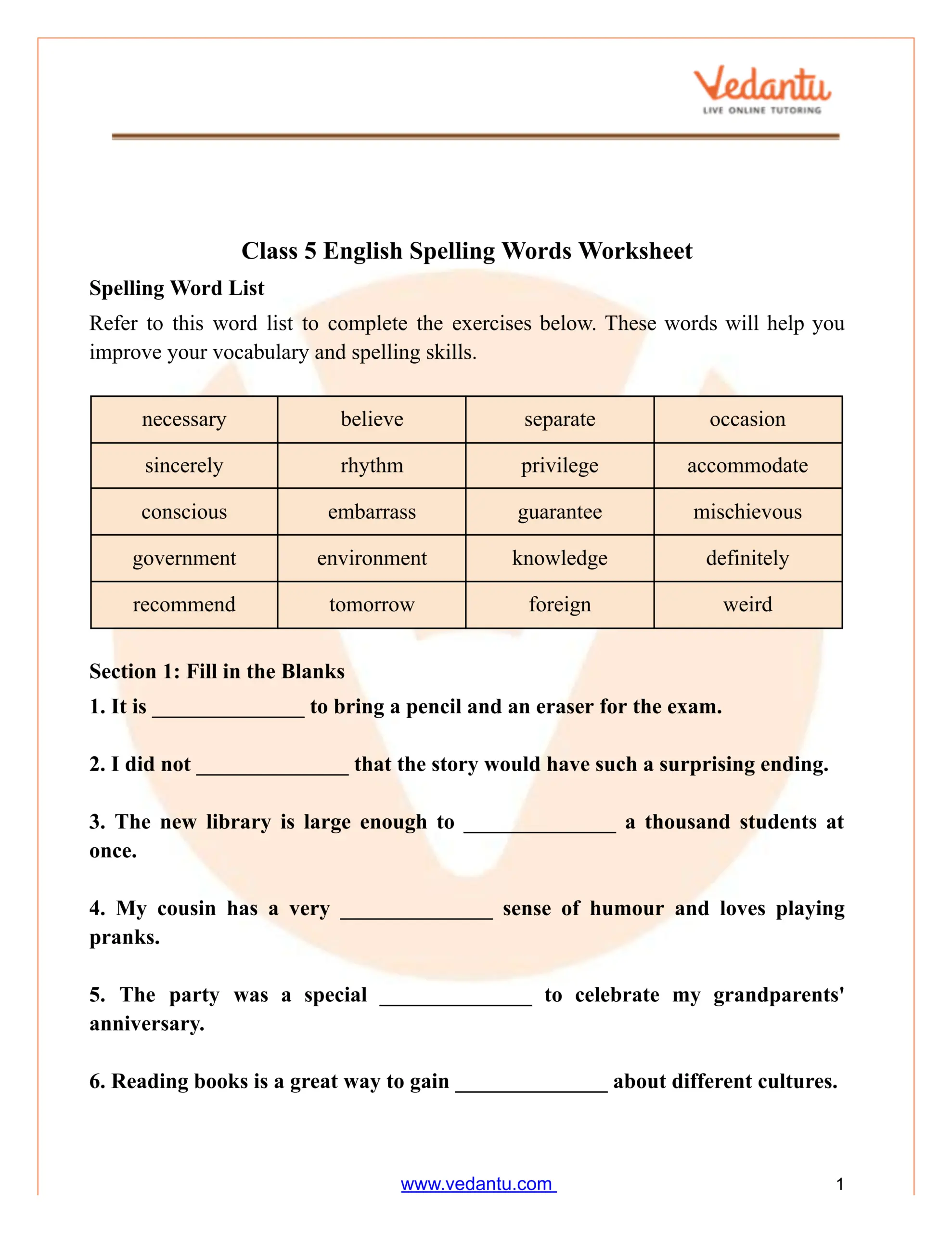 Class 5 Spelling Words Worksheet PDF Practice Answers Class 5 Spelling Words Worksheet PDF Practice Answers