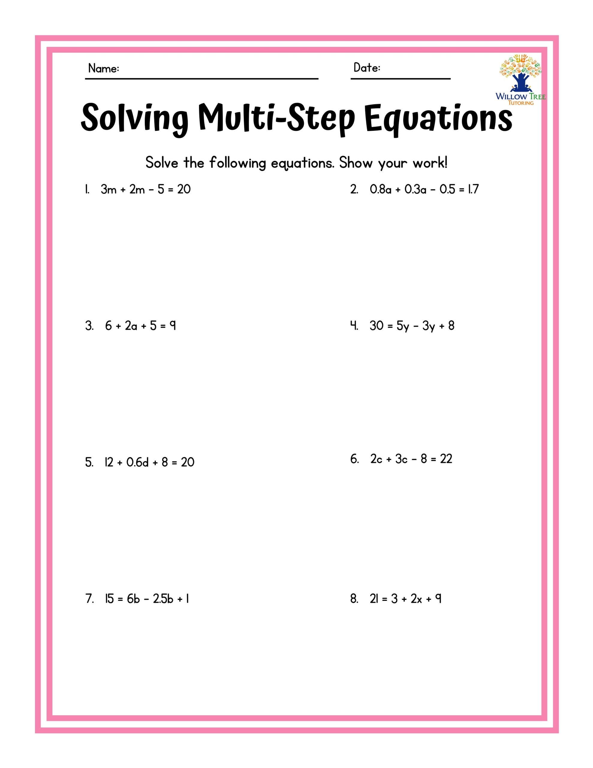 Colorful Solving Multi Step Equations Tiered Worksheets Etsy