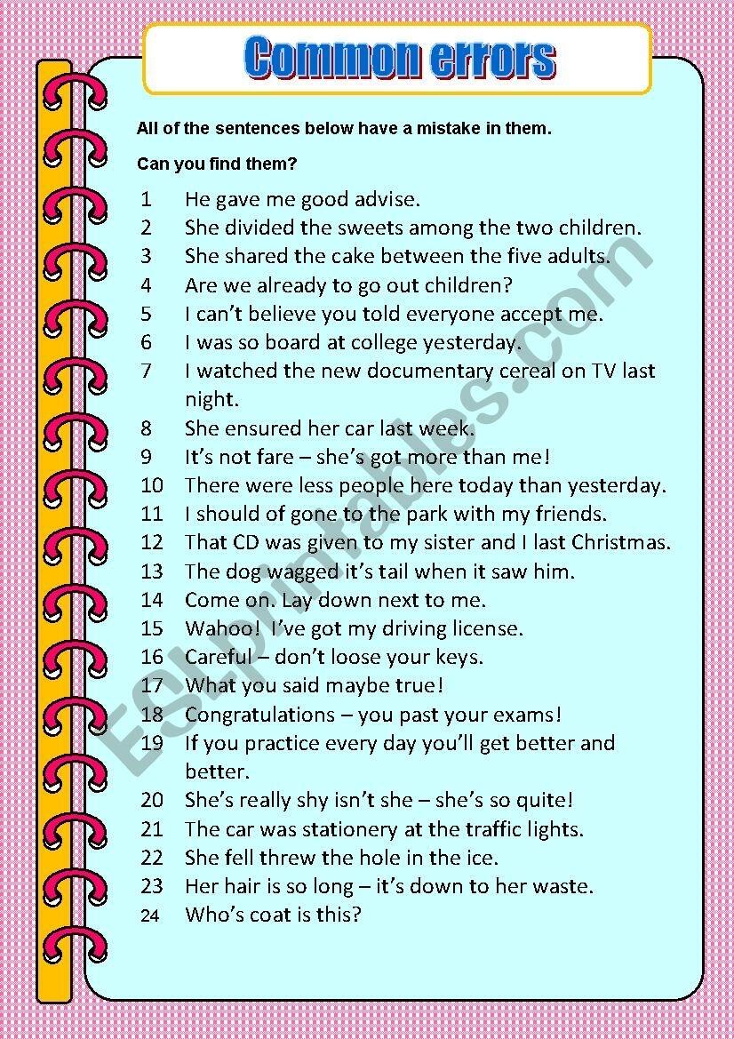 Common Errors ESL Worksheet By Nicola5052
