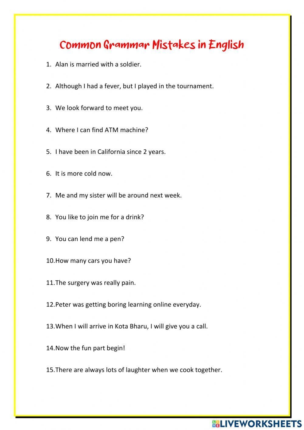 Common Mistakes In English Worksheet Worksheets Library