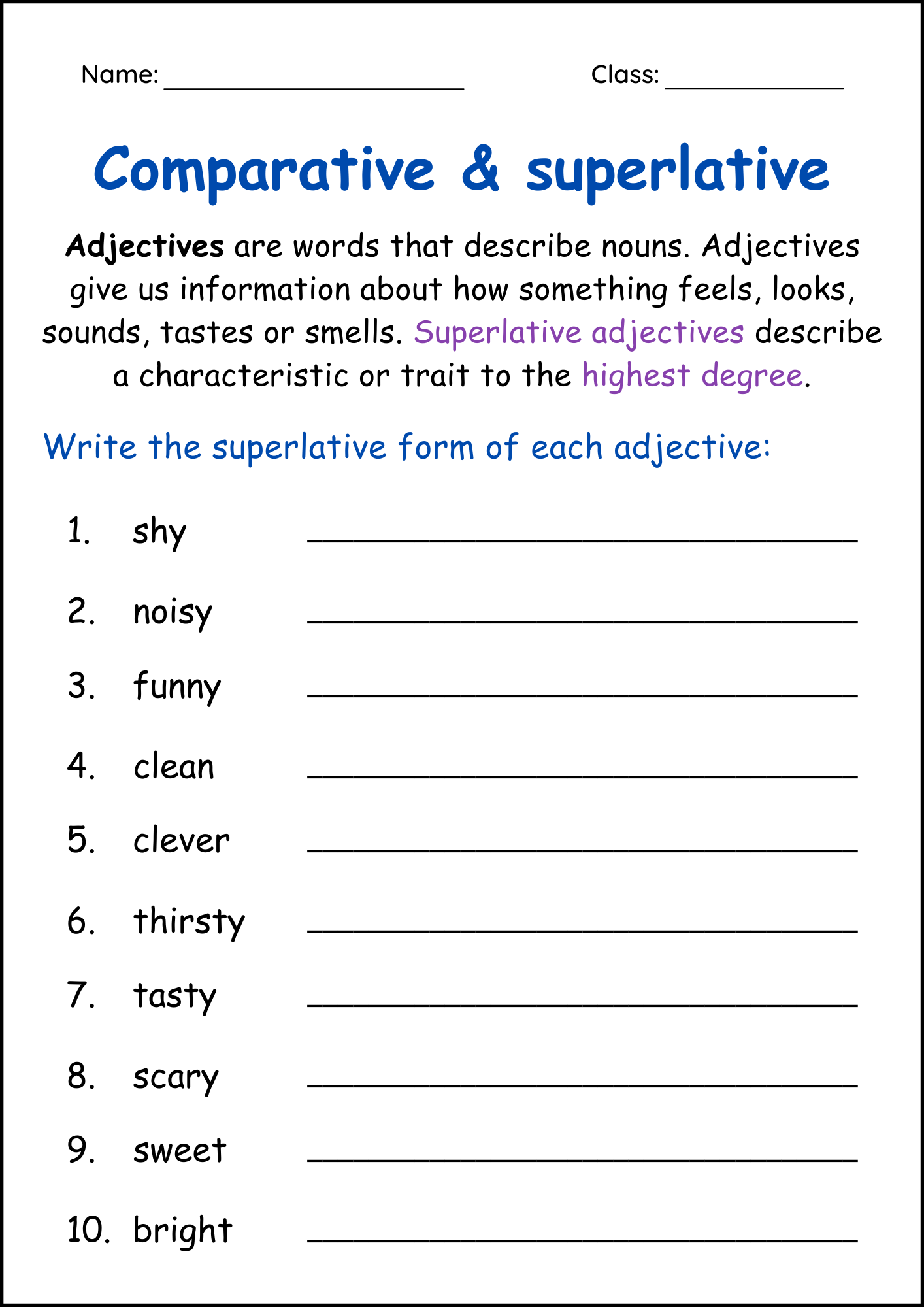 Comparative And Superlative Adjectives Grammar Worksheets For Grade 1 2 3 Made By Teachers Comparative And Superlative Adjectives Grammar Worksheets For Grade 1 2 3 Made By Teachers